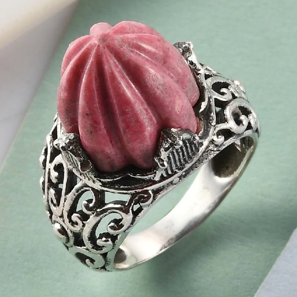 Norwegian Thulite Carved Statement Ring in Sterling Silver